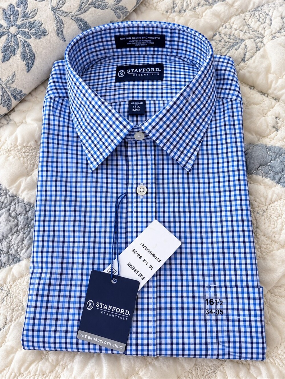Stafford Blue and White Check Dress Shirt